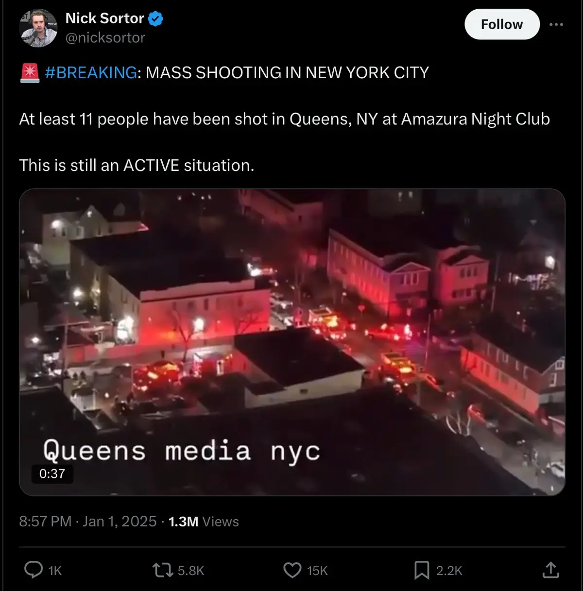 A screenshot of a Twitter post by Nick Sortor showing a breaking news alert about a mass shooting in Queens, NY at Amazura…