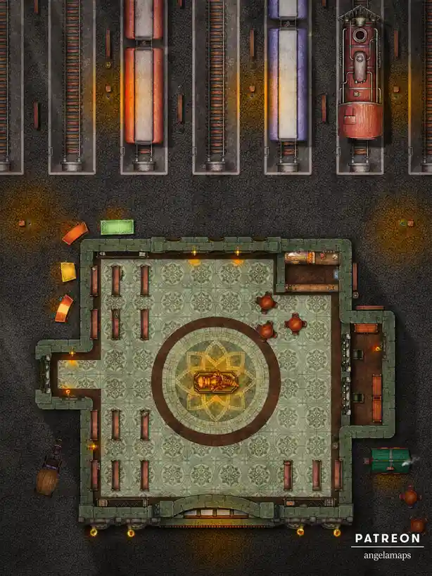 An overhead view of a fantasy train station with multiple tracks and steam locomotives, featuring a central tiled hall with…