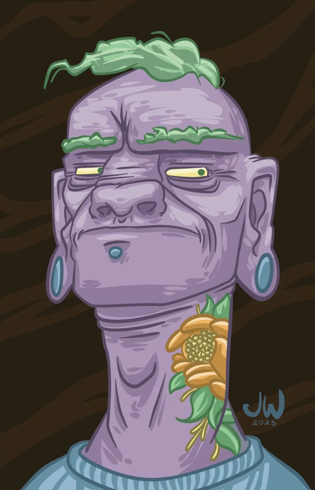 A cartoon illustration of a purple-skinned, elderly-looking humanoid with green leafy hair and eyebrows, wearing large blue…