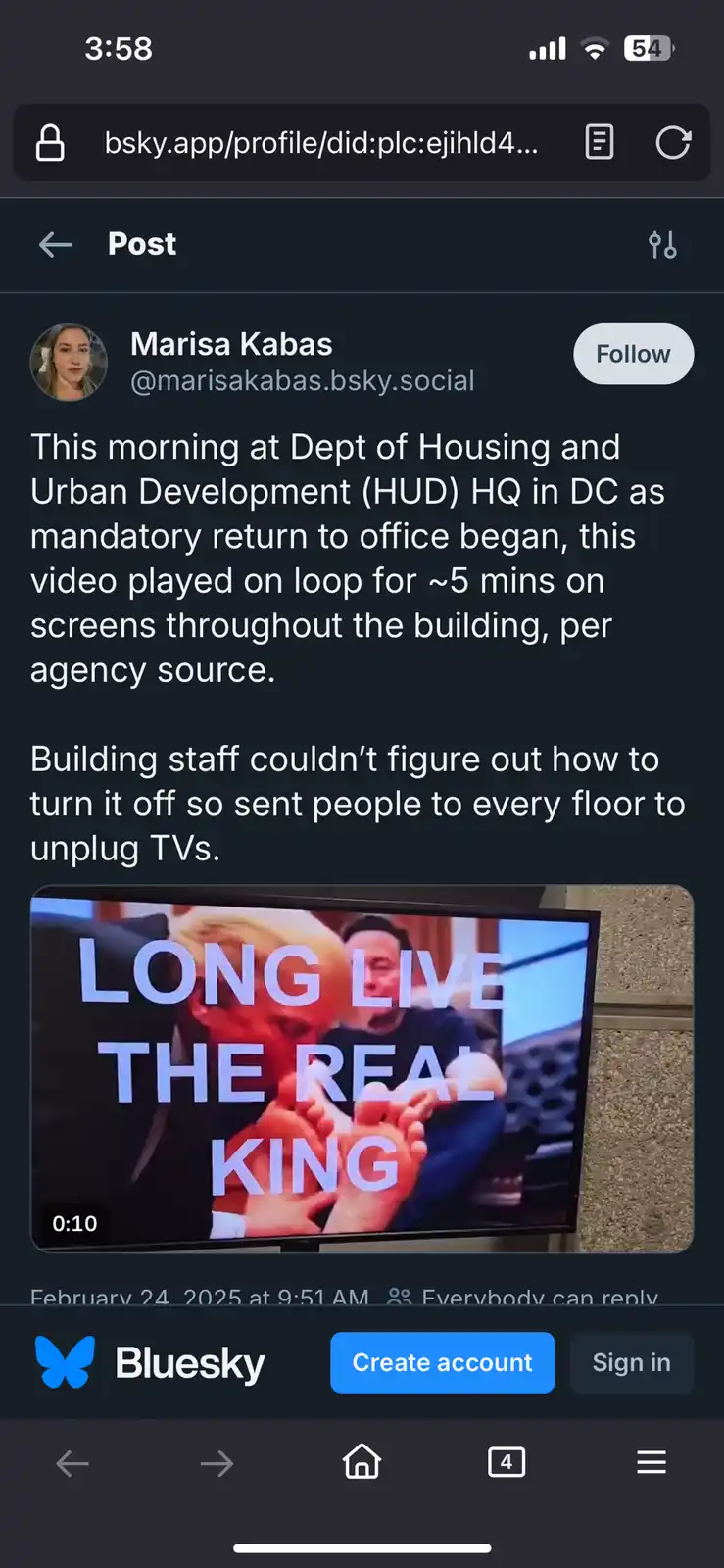 A screenshot of a Bluesky post by Marisa Kabas shows a video playing on a TV screen inside a government building. The video…