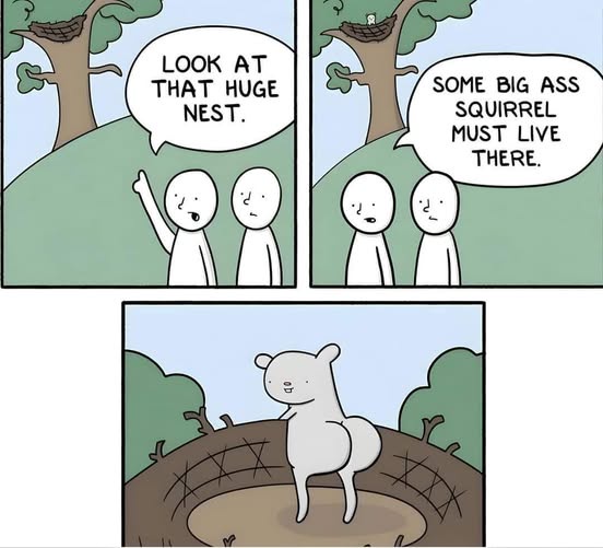 Two stick-figure people point at a large tree nest and speculate it's home to a giant squirrel. The final panel reveals the…