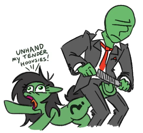 A cartoon green-skinned woman with black hair lies on her back, screaming 'UNHAND MY TENDER HOOVSIES!' as a green-skinned…