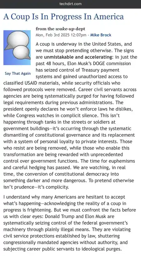 The image displays a screenshot of a TechDirt.com article titled 'A Coup Is In Progress In America' from the 'wake-up dept'…