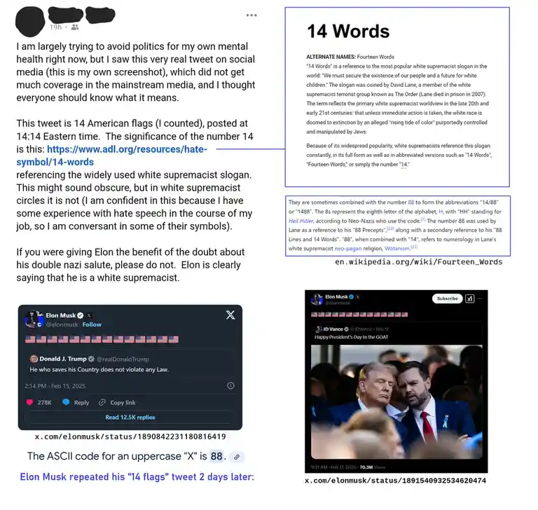 A screenshot of a social media post analyzing Elon Musk's tweet containing 14 American flags, linking it to the white…
