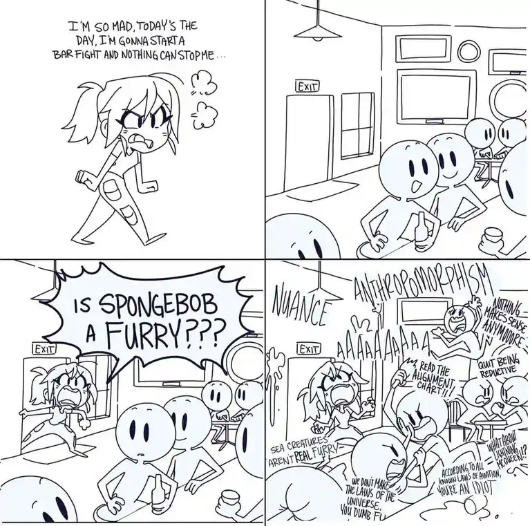 A four-panel comic shows a character declaring they'll start a bar fight, then entering a bar and yelling 'Is SpongeBob a…