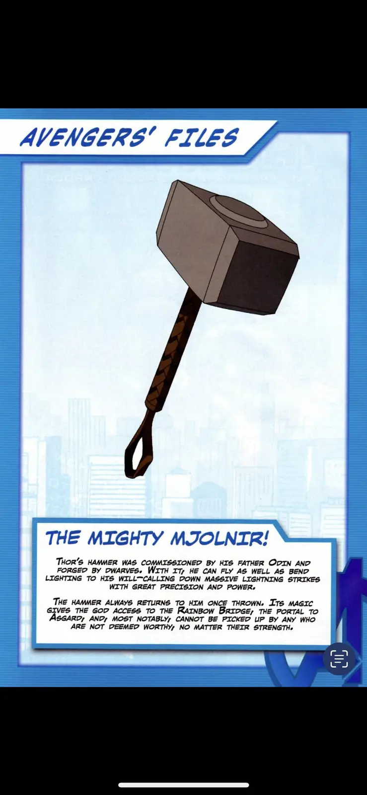 The image displays a stylized illustration of Thor's hammer, Mjolnir, against a faded cityscape background. It is framed…