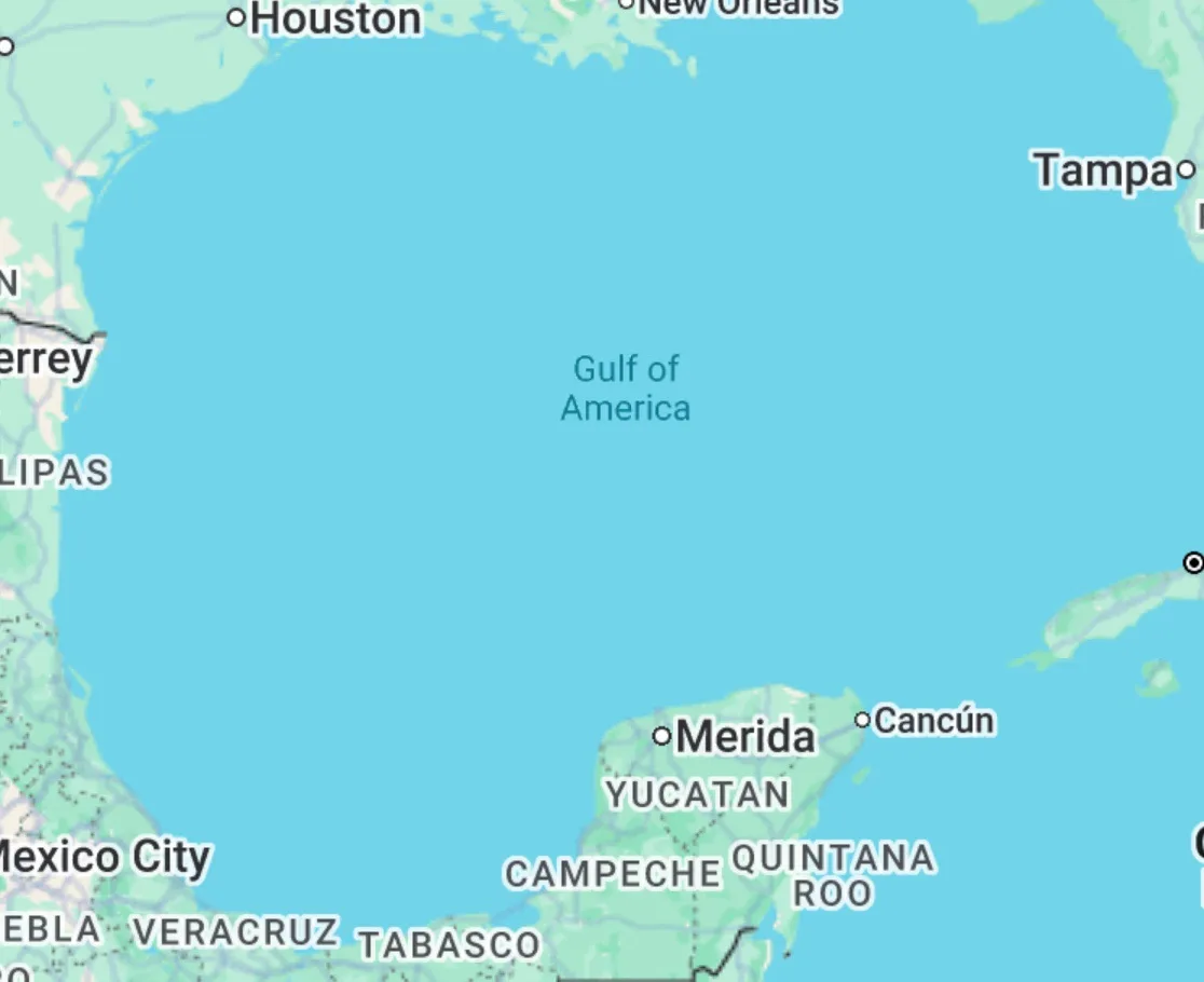 A map of the Gulf of Mexico region with cities like Houston, New Orleans, Tampa, Cancún, and Merida labeled. The body of…