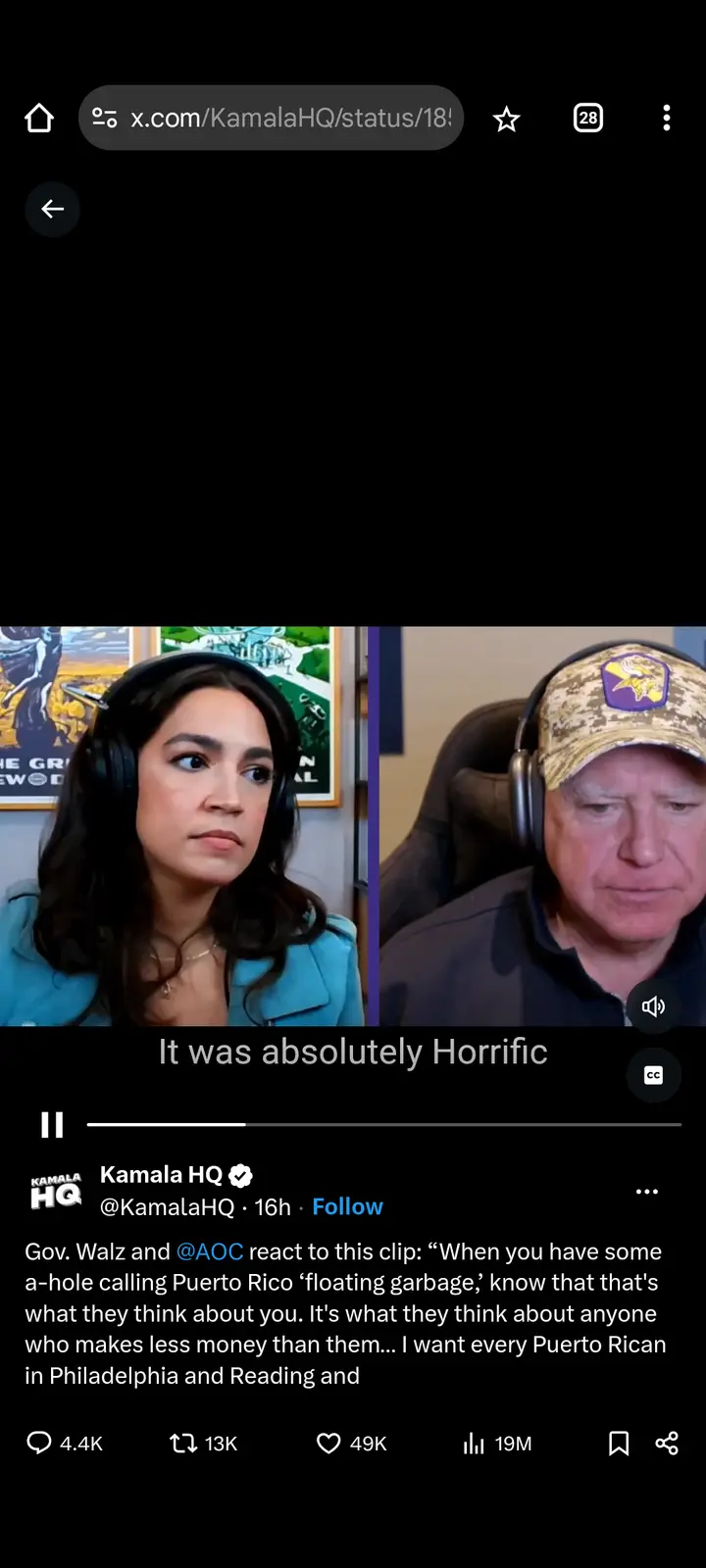 A screenshot of an x.com post showing a split-screen video call with two people: a woman with dark hair wearing headphones…