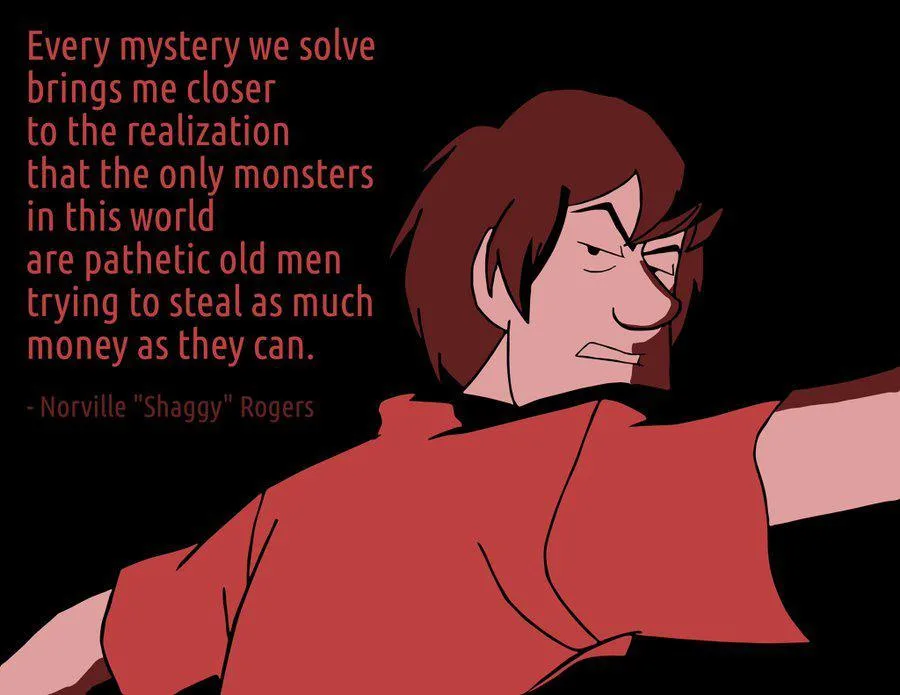 An animated character with brown hair and a red shirt, shown in profile with a skeptical, slightly annoyed expression…