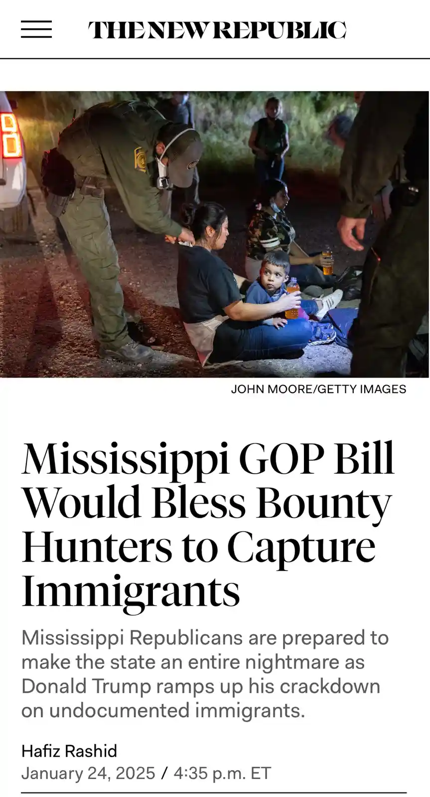 An image from The New Republic shows a uniformed officer interacting with a seated woman holding a child at night, with…