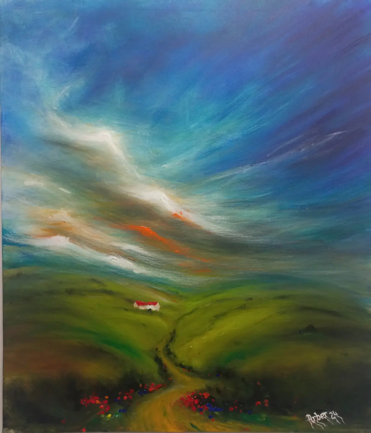 A painting of a rolling green landscape under a dramatic blue and white sky, featuring a winding dirt path leading to a…