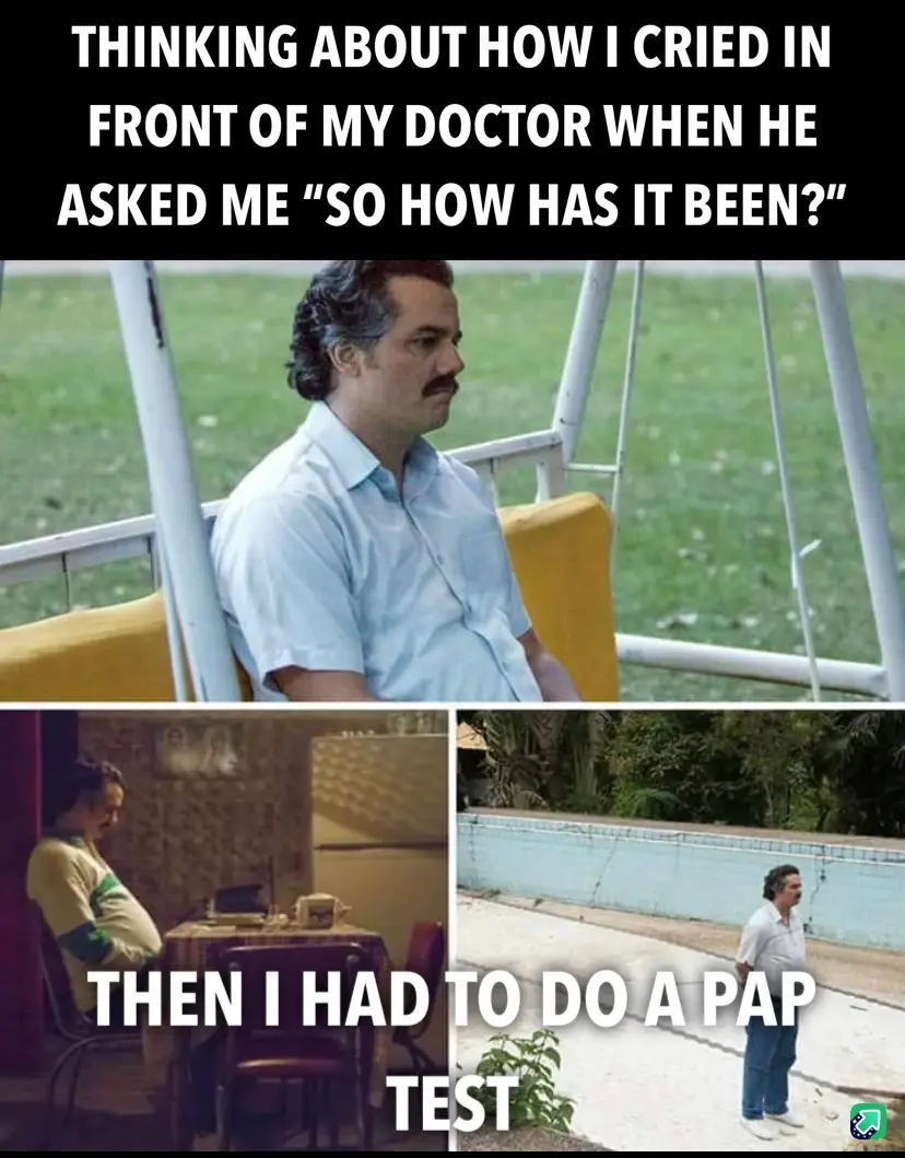 The meme features three images of Pablo Escobar from the Netflix series 'Narcos'. The top image shows him sitting on a swing…