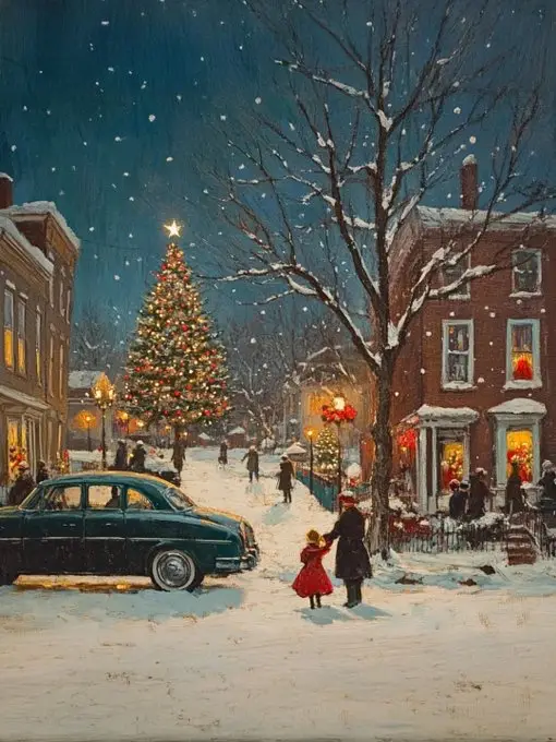 A vintage painting depicts a snowy Christmas street scene with a large decorated tree, snow-covered buildings, and people…