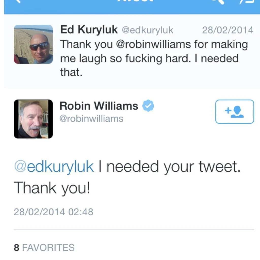 A screenshot of a Twitter thread shows user Ed Kuryluk thanking Robin Williams for making him laugh hard, and Robin Williams…