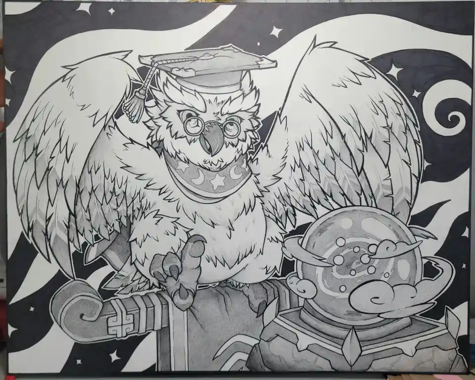 A detailed black-and-white pencil drawing of a large, cartoonish owl wearing round glasses, a graduation cap with a tassel…