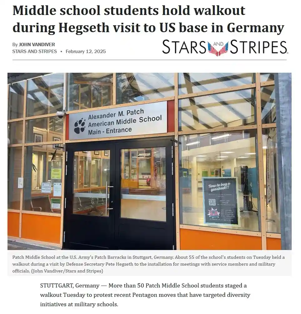 A newspaper article from Stars and Stripes dated February 12, 2025, shows the main entrance of Alexander M. Patch American…