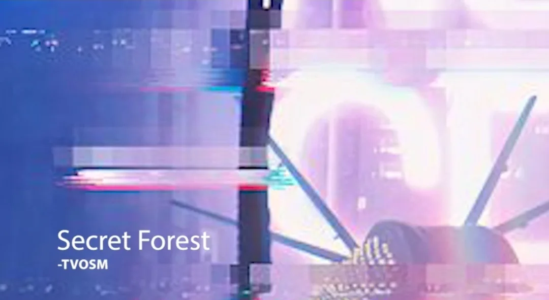 A heavily glitched and distorted image of a TV screen showing a scene from the Korean drama 'Secret Forest', with visible…