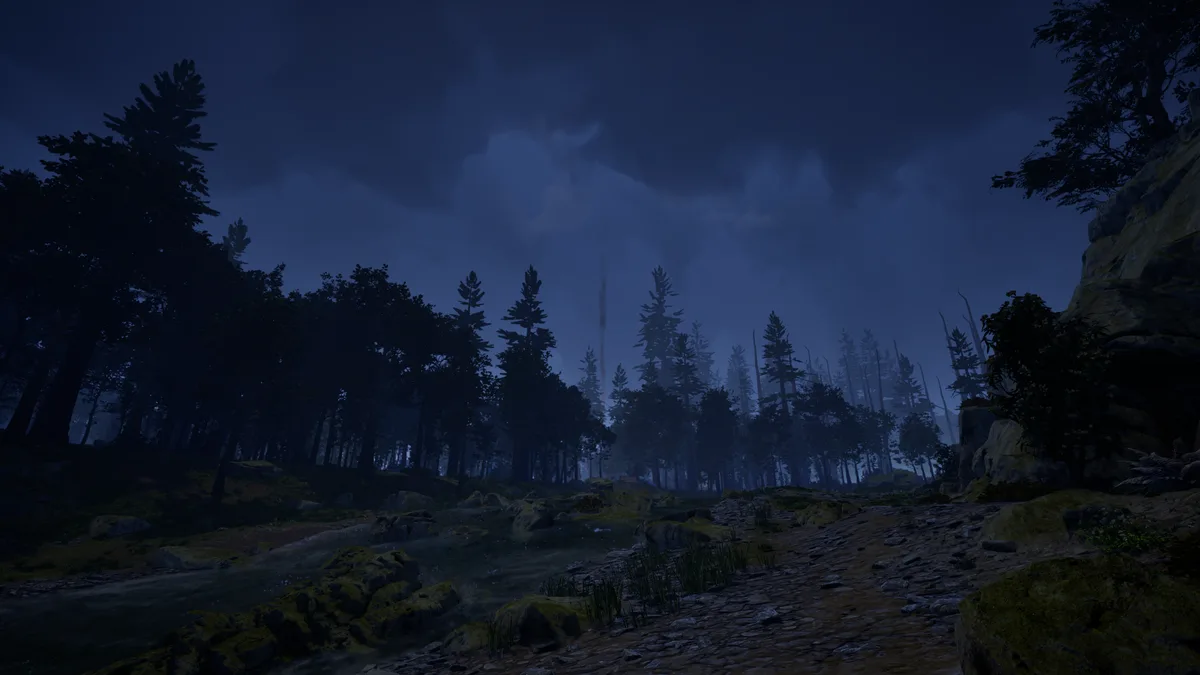 A dark, atmospheric forest scene at night with a misty path, tall pine trees, and ominous clouds. A faint, glowing vertical…