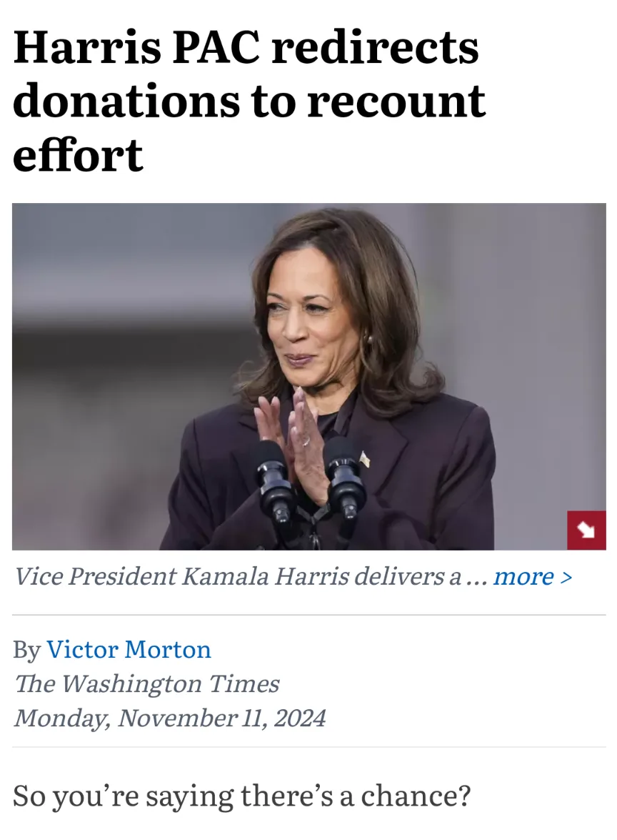 A screenshot of a news article from The Washington Times dated November 11, 2024, featuring a photo of Vice President Kamala…