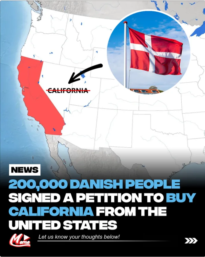 A map of the United States highlights California in red with a black arrow pointing to it. An inset circle shows the Danish…