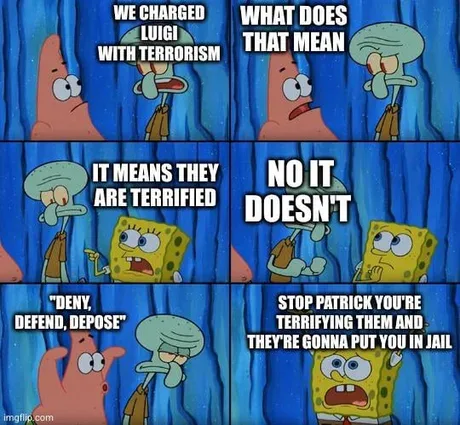 A six-panel SpongeBob meme featuring Patrick Star, Squidward Tentacles, and SpongeBob SquarePants in a courtroom-like…