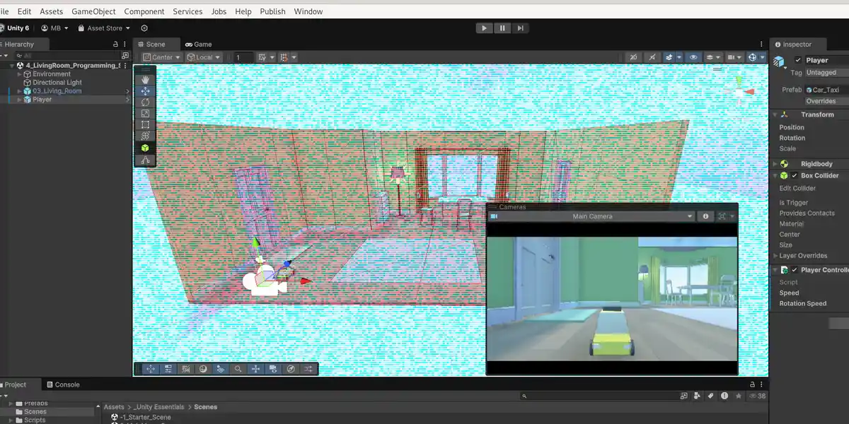 A screenshot of the Unity game engine showing a 3D scene with a car model in a living room environment. The main viewport…