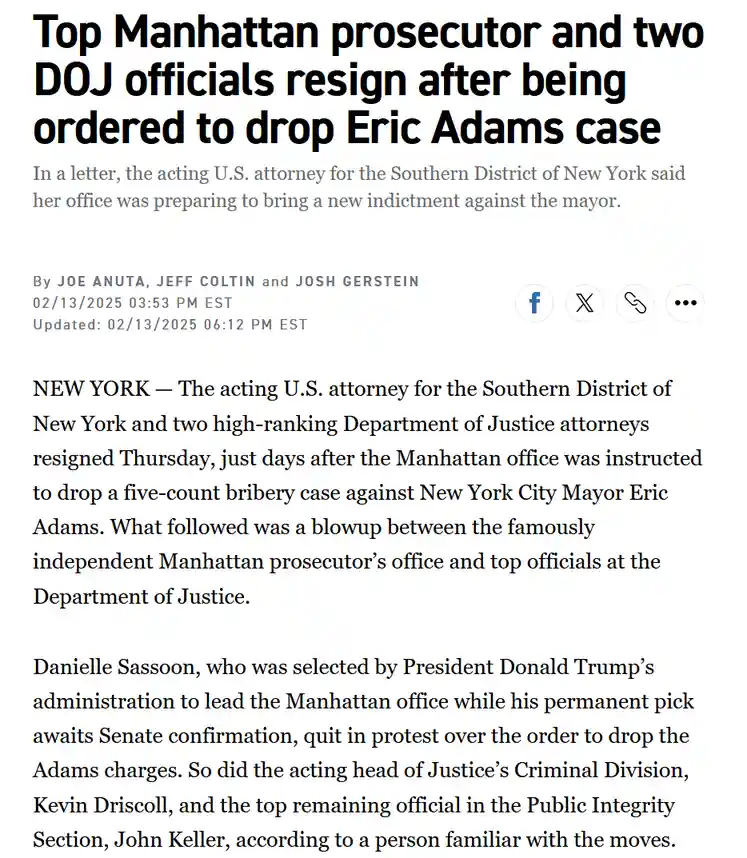 A screenshot of a news article headline reads 'Top Manhattan prosecutor and two DOJ officials resign after being ordered to…