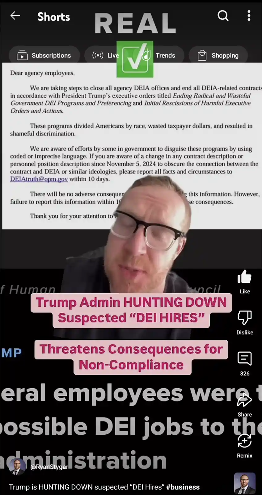 A screenshot of a YouTube Shorts interface shows a man with glasses speaking, overlaid with bold pink text claiming the…