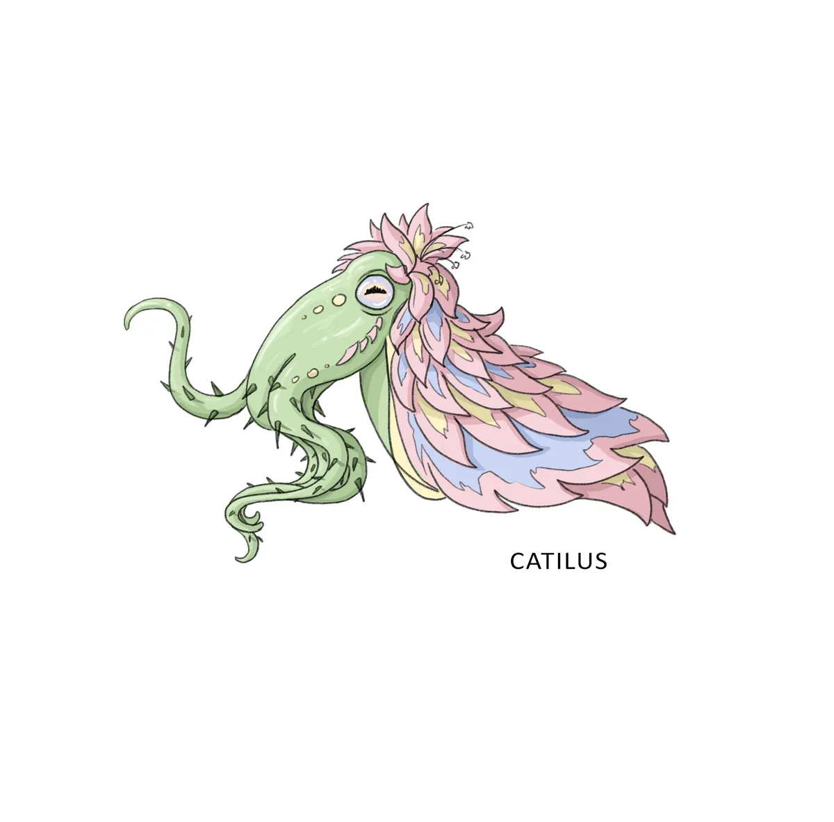 A cartoonish green octopus-like creature with spiky tentacles and a large, colorful, feathery pink and blue mane or crest on…
