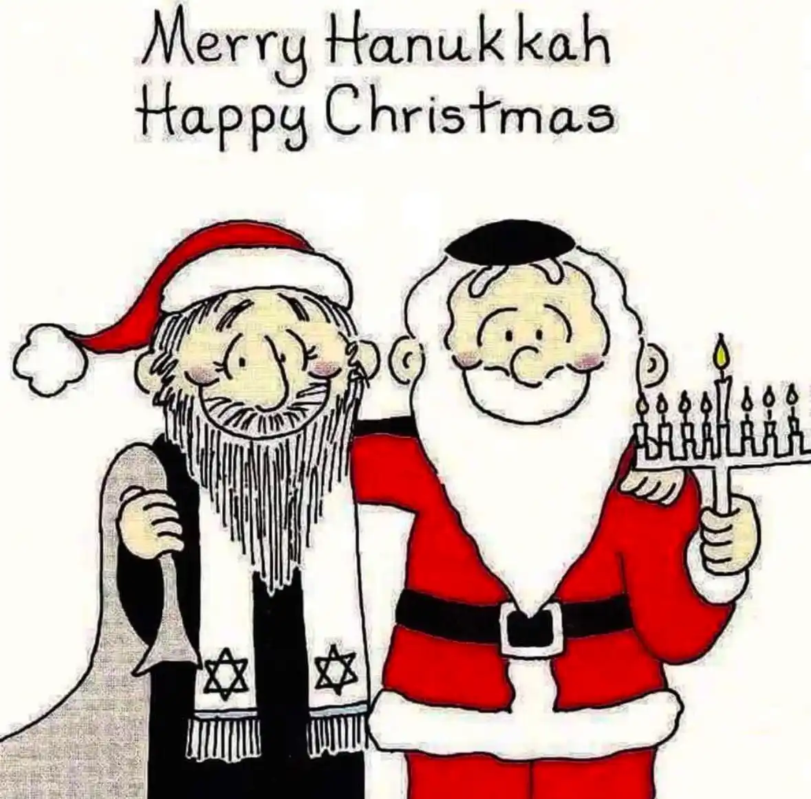 Two cartoon figures resembling Santa Claus stand side by side, one wearing a red hat and a black robe with a Star of David…