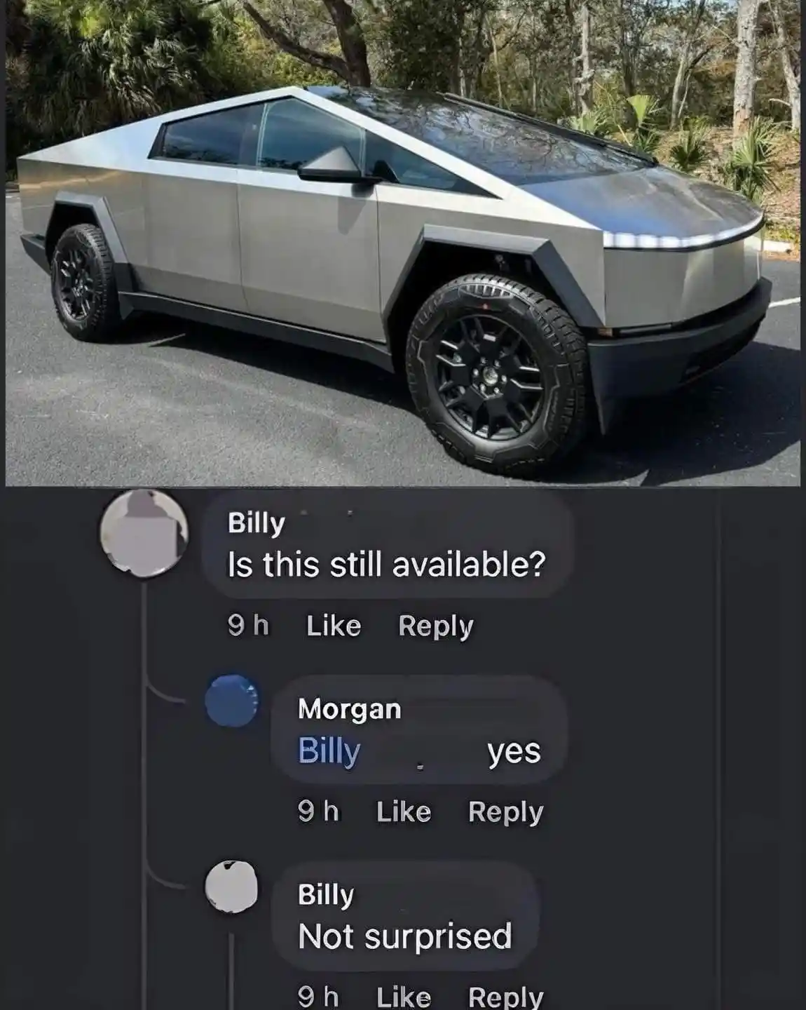 A silver Tesla Cybertruck is parked on asphalt with trees in the background. Below, a screenshot of a chat shows Billy…