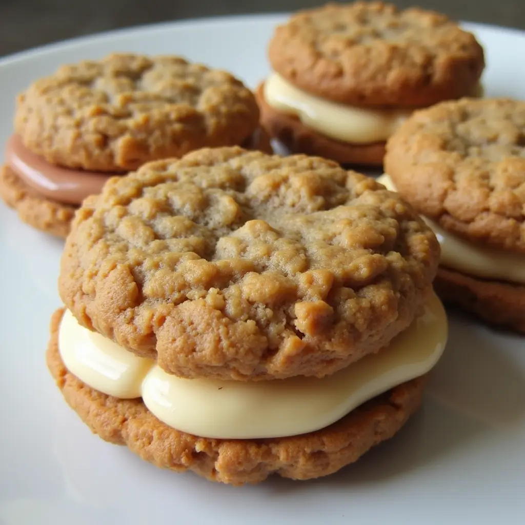 A close-up photo shows several oatmeal-style cookies arranged on a white plate, with some stacked as sandwiches filled with…