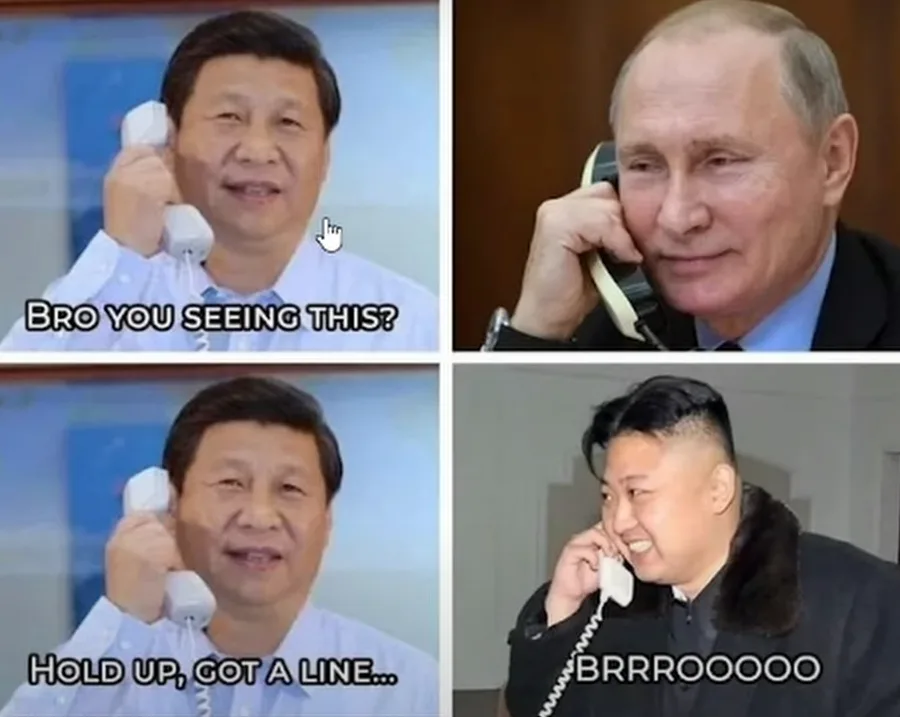 A four-panel image shows Chinese leader Xi Jinping on a phone call, first asking 'BRO YOU SEEING THIS?' with a cursor…