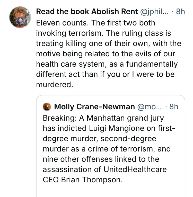 The image displays two Twitter posts. The top post by @jphil... criticizes how the ruling class treats the murder of one of…