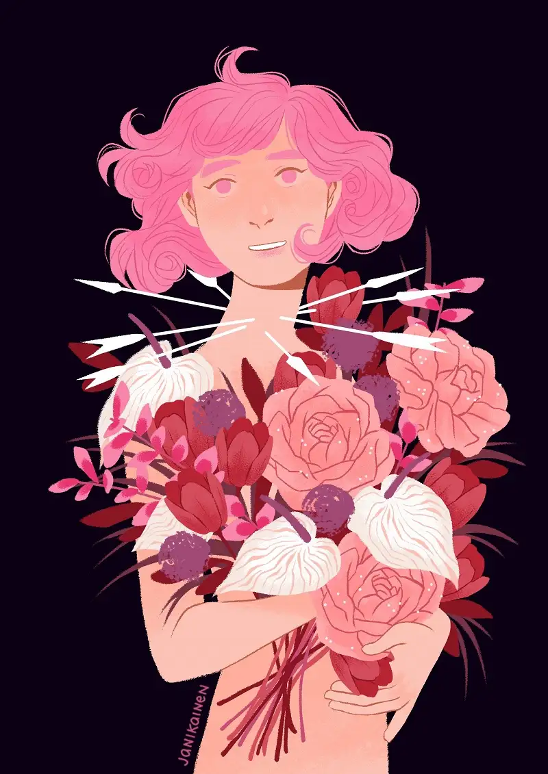 An illustration of a person with pink hair holding a large bouquet of pink, red, and white flowers against a dark…