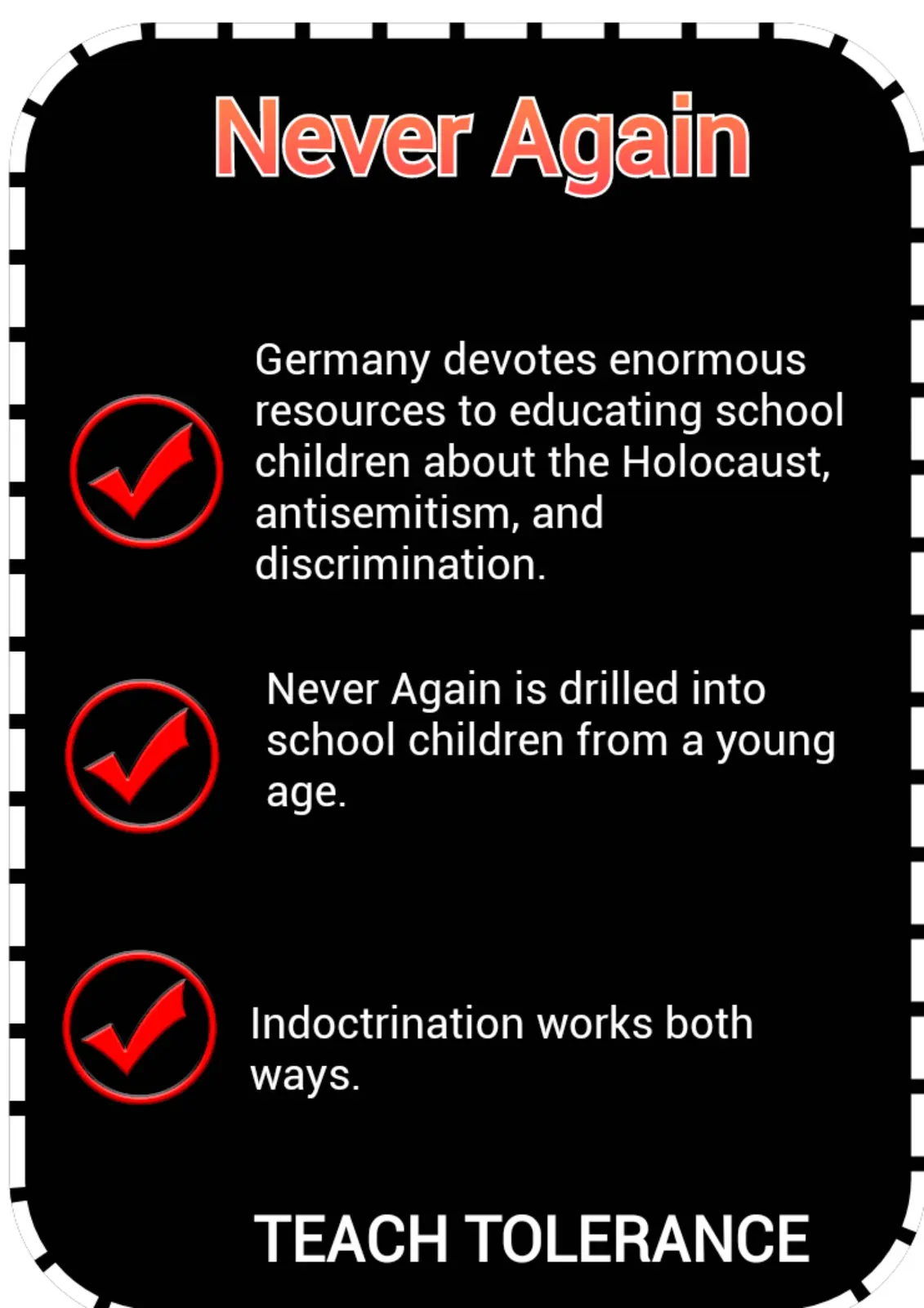A black checklist with a white dashed border titled 'Never Again' in orange. Three red checkmarks precede statements about…