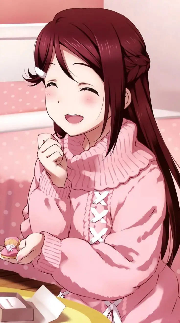An anime girl with long dark hair and a pink sweater is smiling happily while holding a small pink cake with a white flower…