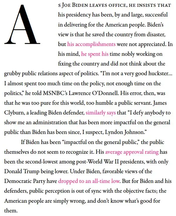 The image displays a newspaper-style article with a large, bold 'A' at the top left. The text is a critical analysis of Joe…