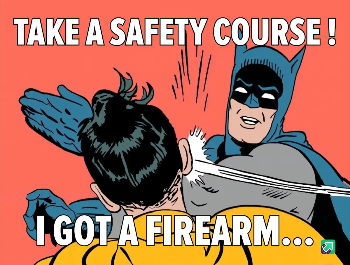 Batman is shown physically striking Robin from behind in a comic book style, with the text 'TAKE A SAFETY COURSE!' at the…