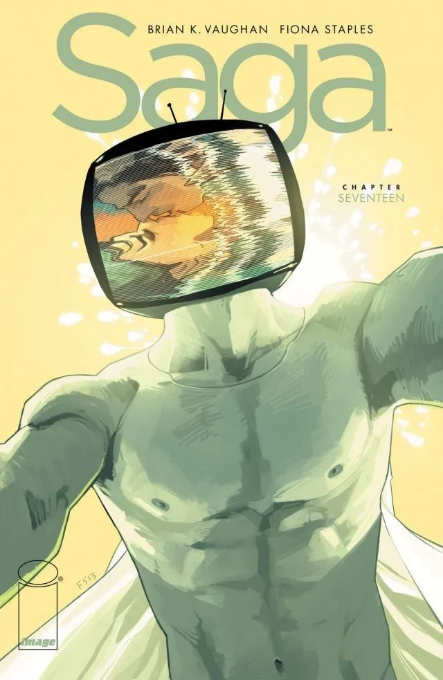 A comic book cover for 'Saga' Chapter Seventeen by Brian K. Vaughan and Fiona Staples, featuring a muscular, shirtless…