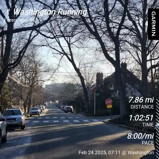 A screenshot of a Garmin Forerunner 955 running GPS watch displaying a completed run of 7.86 miles in 1 hour 2 minutes 51…