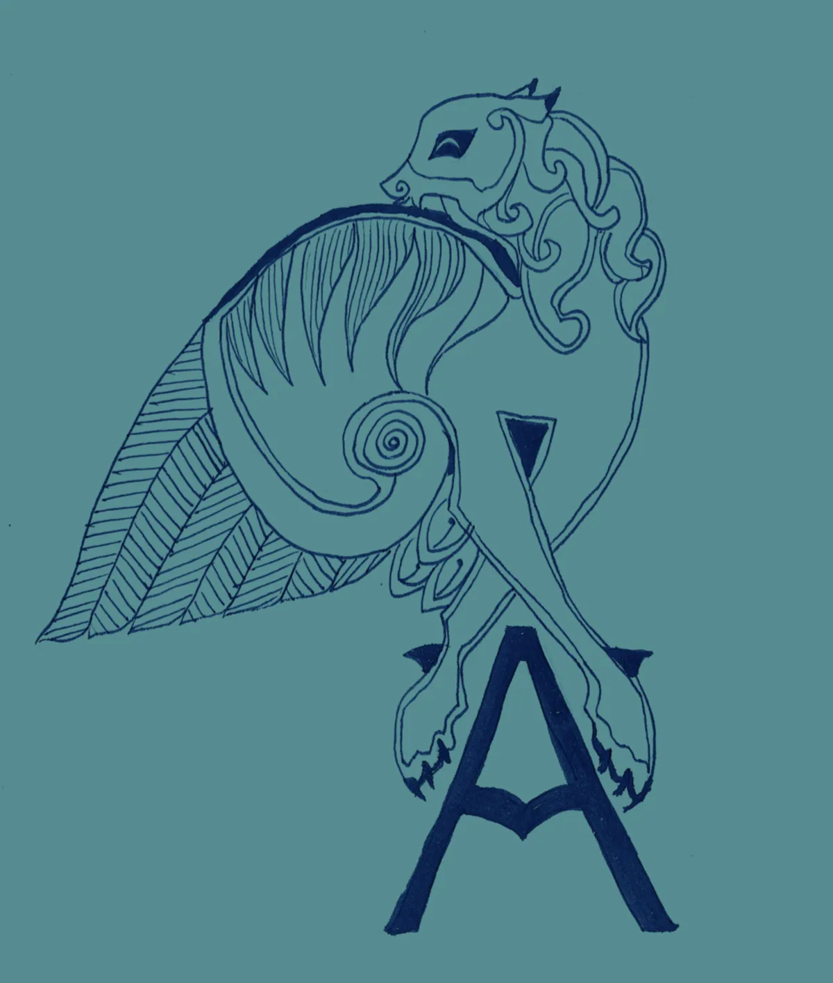 A stylized blue line drawing on a teal background shows a mythical creature resembling a lion with a spiral shell on its…