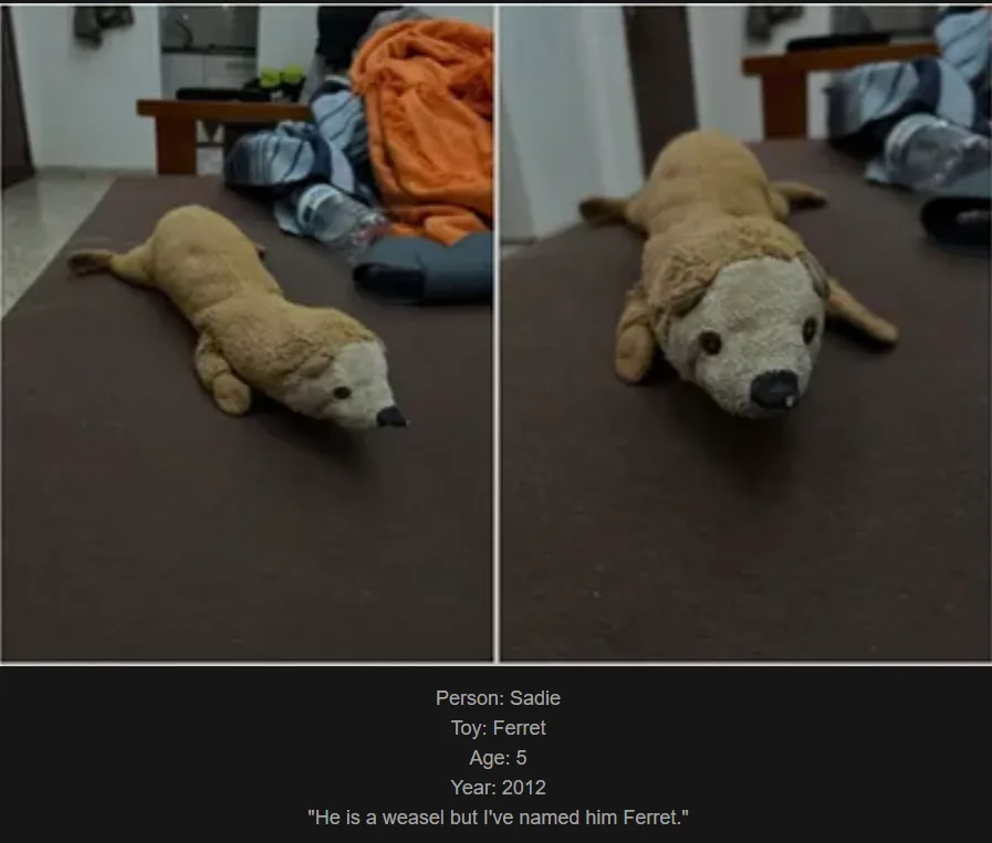 A split-screen image shows a brown plush toy animal lying on a dark brown surface. The left panel shows the toy from a…