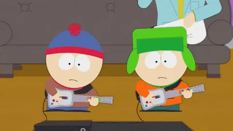 Two rows of identical cartoon characters, each holding a white guitar controller, are shown in a split-screen format. The…