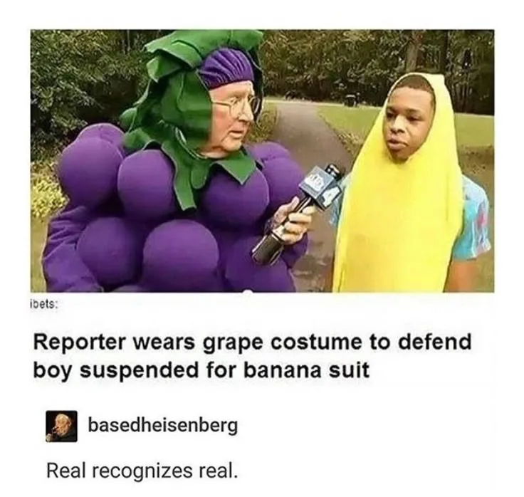An older person in a purple grape costume holding a microphone interviews a young boy in a yellow banana costume outdoors…