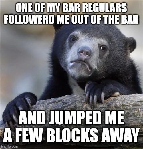 A black bear with a sad, resigned expression rests its paws on a log. White bold text overlaid on the image reads: 'ONE OF…