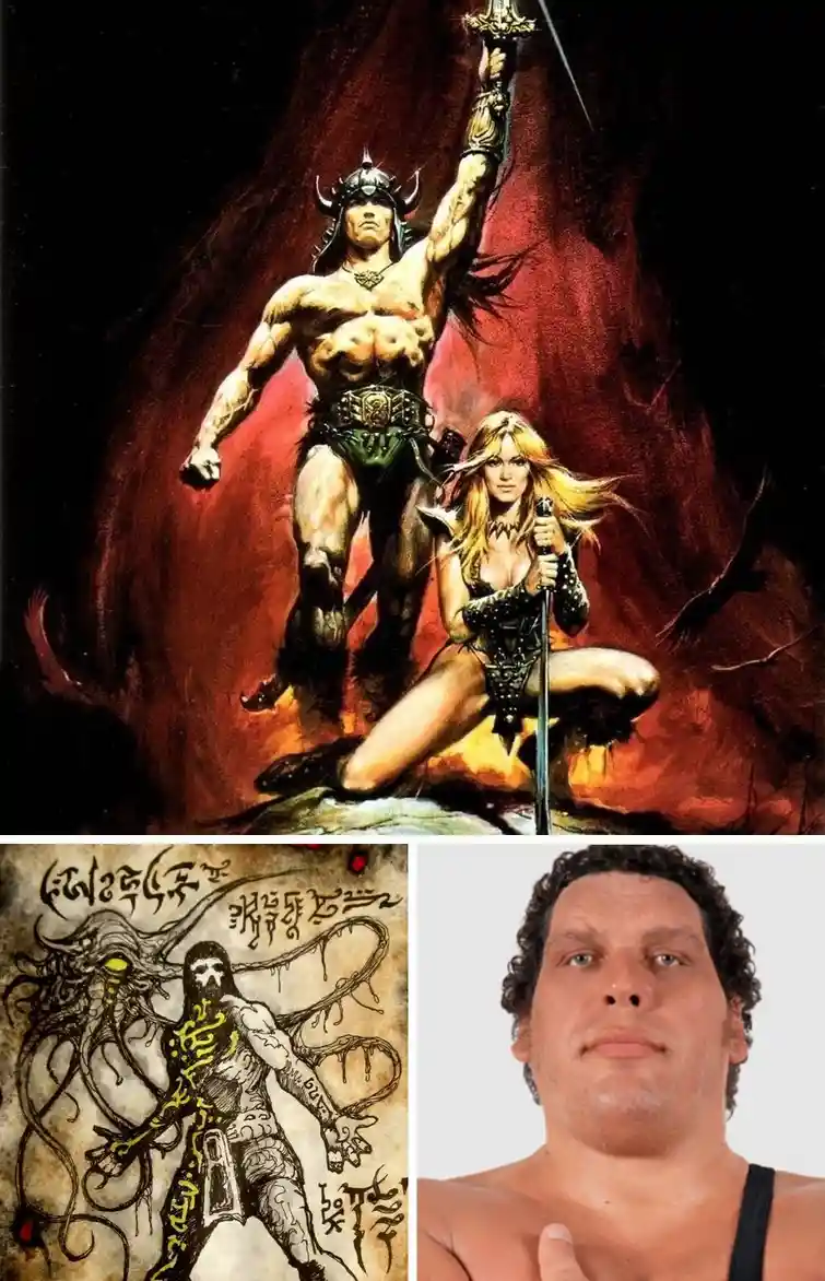 The image is a collage of three panels: the top panel shows a muscular, horned warrior (Conan) holding a sword aloft with a…