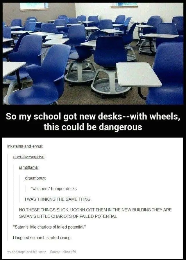 An empty classroom with rows of blue, wheeled student desks. Overlaid text reads: 'So my school got new desks--with wheels…