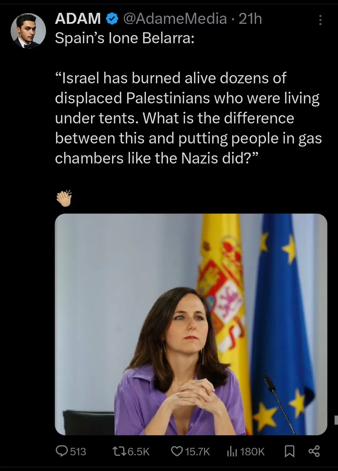 A screenshot of a tweet by ADAM @AdameMedia featuring a photo of Spain's foreign minister, Isabel Díaz Ayuso, looking…