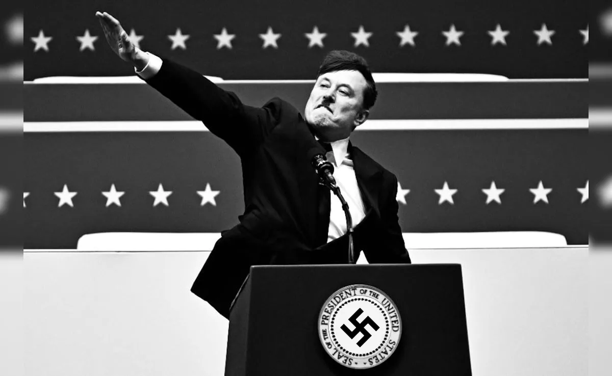 a black and white image of elon musk standing at a podium with a swastika replacing the presidential seal, raising his right…